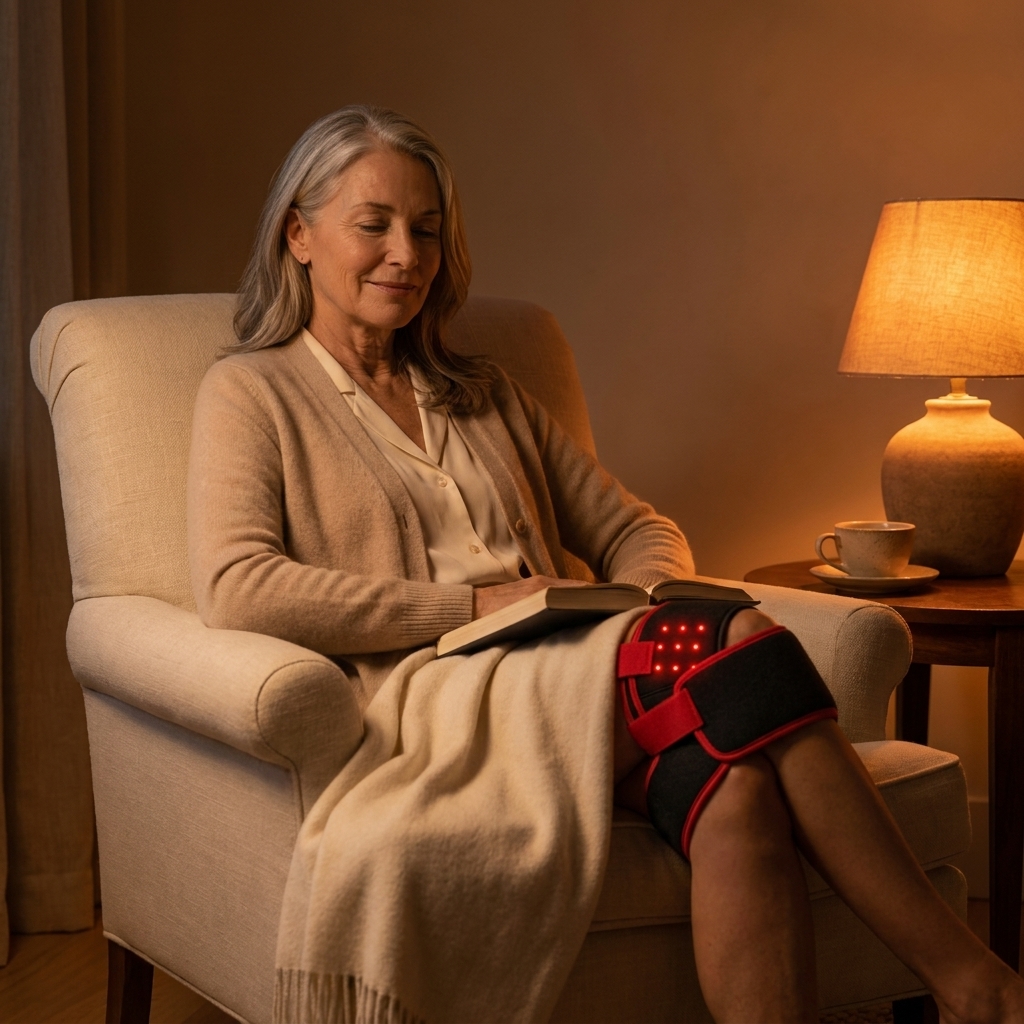 Woman in her 60s sitting in a cream armchair during the evening, WREN red-light wrap on her knee, reading a book under a warm bedside lamp