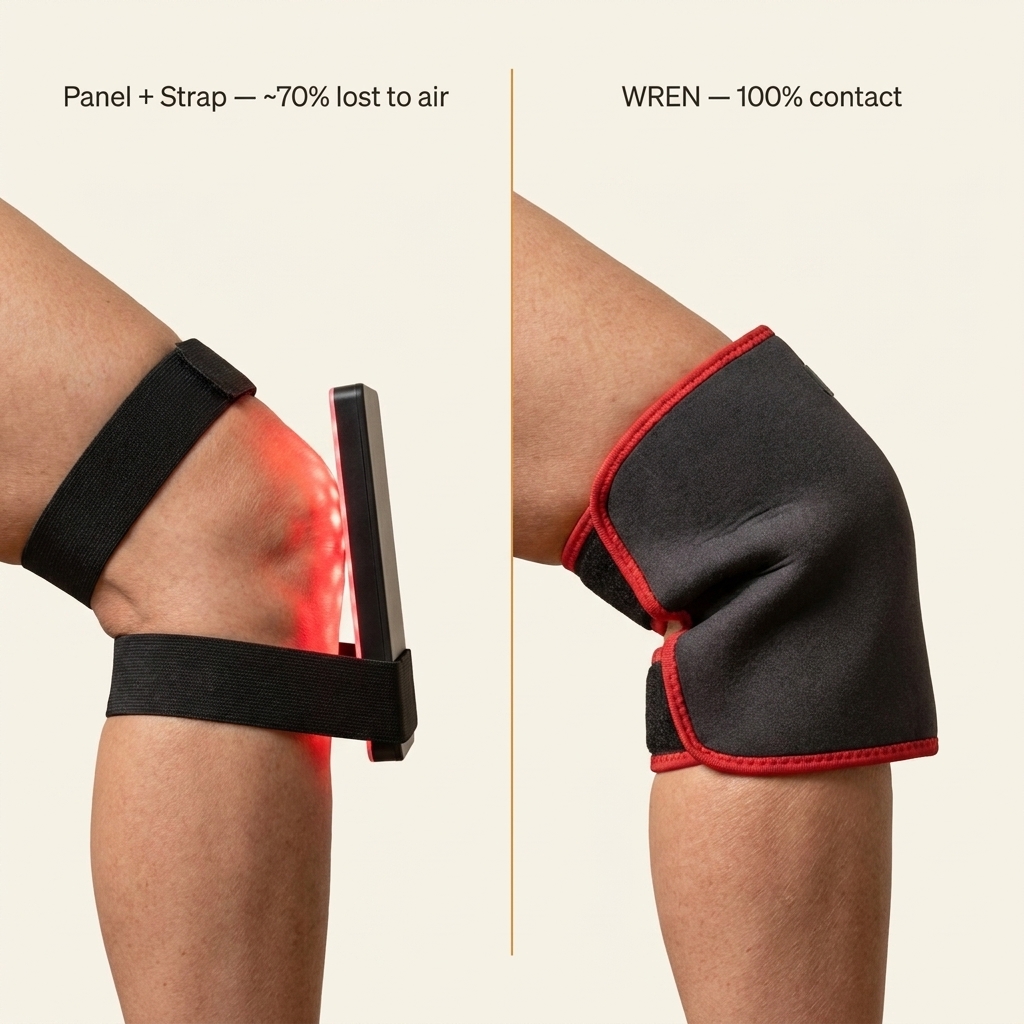Side-by-side comparison: rigid red-light panel with strap shows visible light scattering away from the knee, versus WREN flexible wrap conforming flush in 100% skin contact